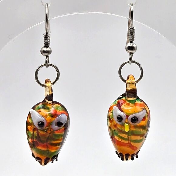 Hand Blown Art Glass Owl Set 17" Ribbon and Cord Necklace Dangle Hook Earrings - Picture 4 of 7